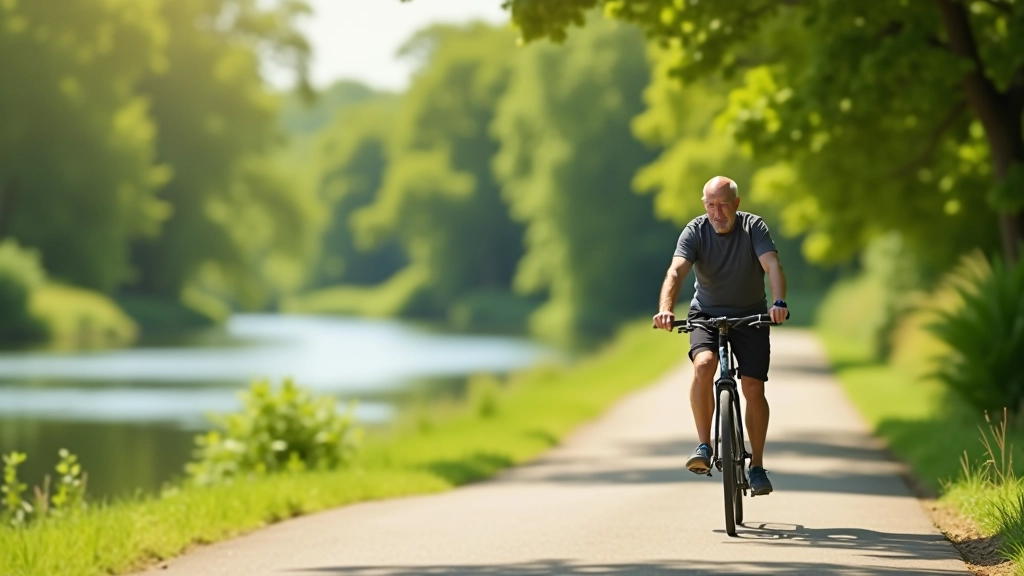 Senior na rowerze wzdłuż bulwarów Warty w Poznaniu
