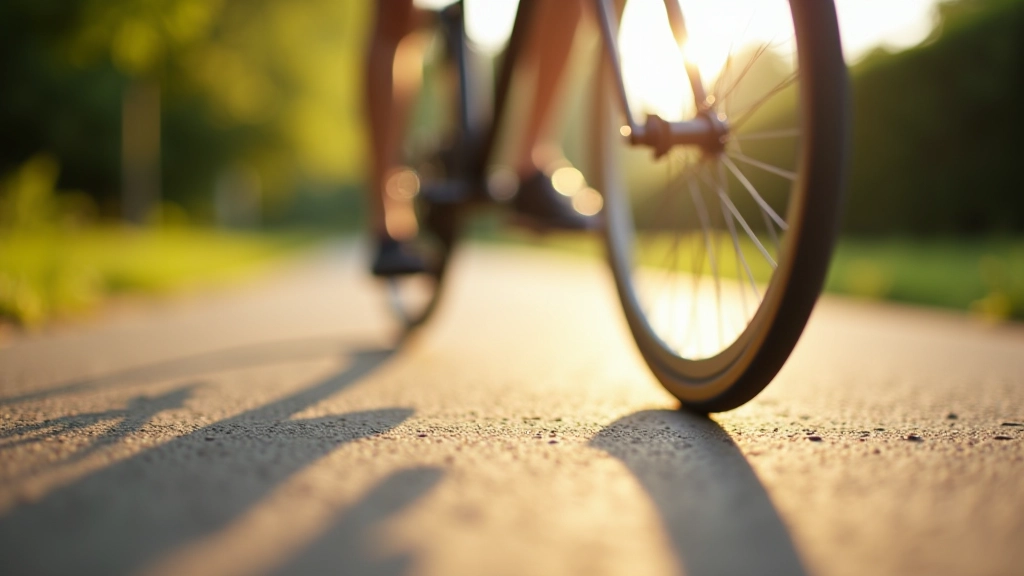 Bliskoplan kół roweru na asfalcie ścieżki rowerowej, ruch zależy od ostrości