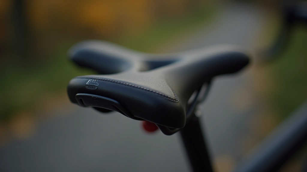 Zbliżenie na siodełko rowerowe w ergonomicznym kształcie, tło z niewyraźnym rowerzystą