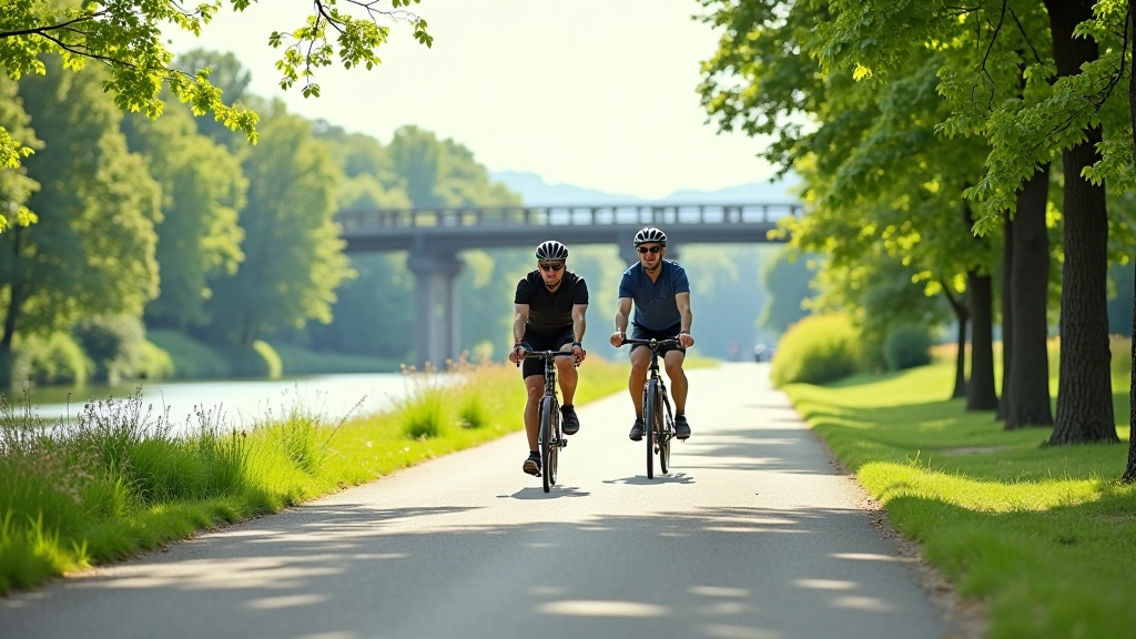 Widok na Wartę z cyklistami na bulwarach, mosty w tle, zielone tereny wokół rzeki