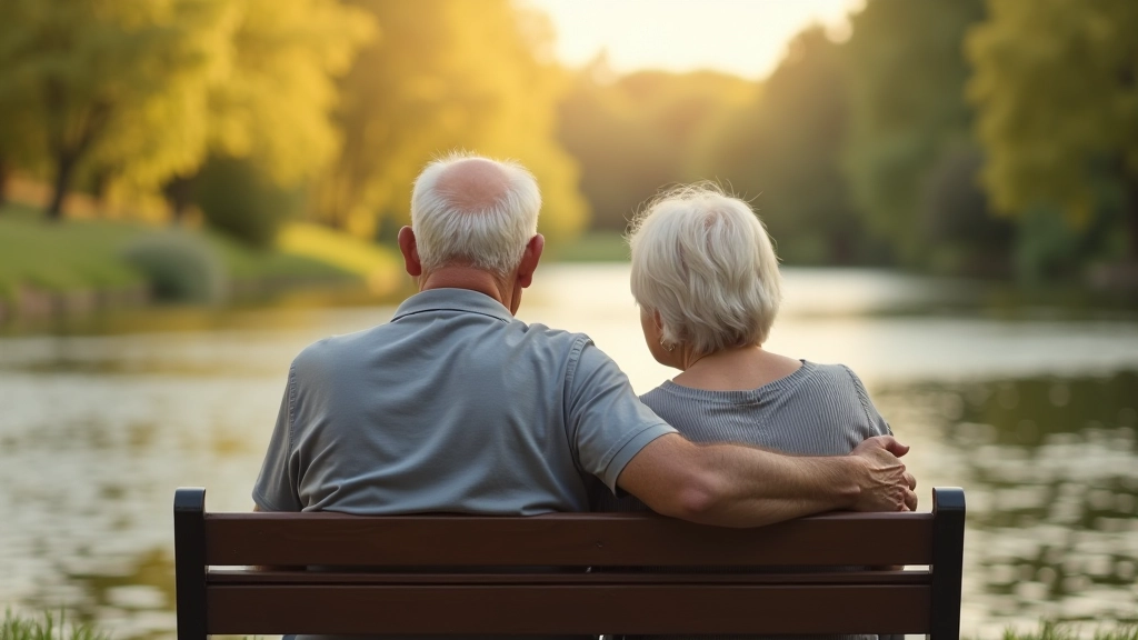 Para seniorów siedząca na ławce przy rzece, patrząca na krajobraz wodny, spokojne otoczenie