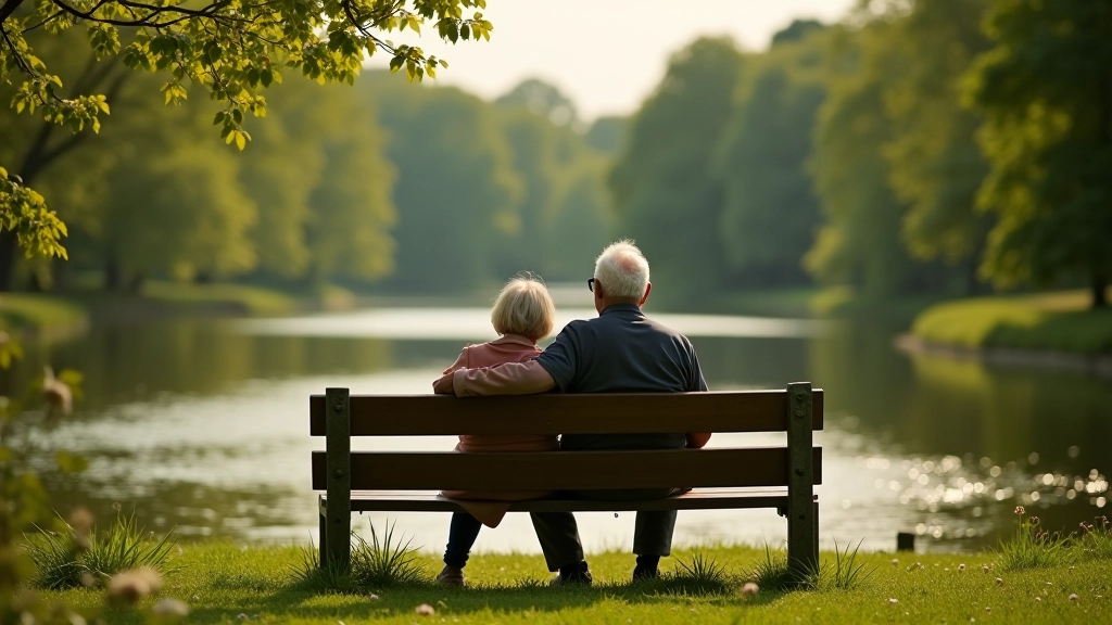 Para seniorów siedząca na ławce przy rzece, patrząca na krajobraz, rower oparty o ławkę