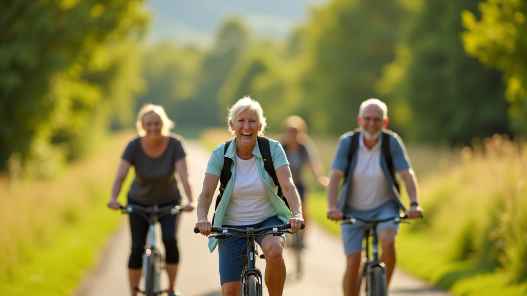 Grupa seniorów na rowerach na szlaku rowerowym, społeczność, uśmiechy, pogodny dzień