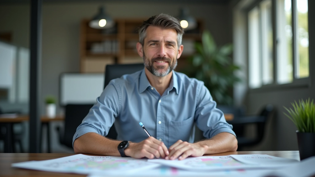 Marek Szczepański pracujący nad mapami tras rowerowych w biurze, nowoczesne biuro z mapami ściennych