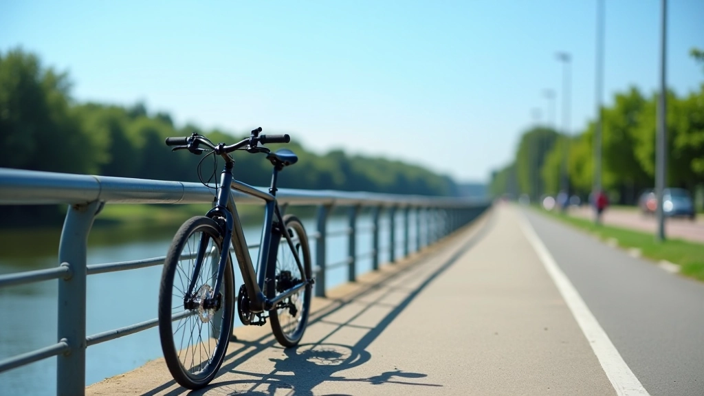 Nowoczesny rower stojący przy brzegu Warty, ścieżka rowerowa w tle, słoneczny dzień