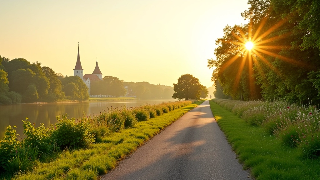 Panoramiczny widok na bulwary Warty z wieżą katedralną w tle, zmiennik