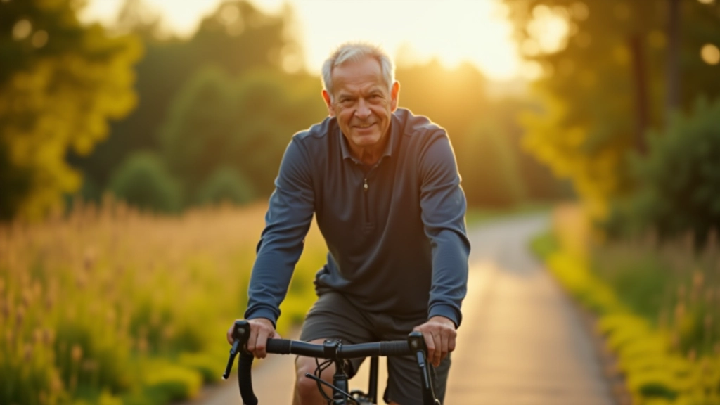 Senior mężczyzna na rowerze na pustej ścieżce rowerowej, przedpołudniowe światło, spokojny wyraz twarzy, naturalny krajobraz